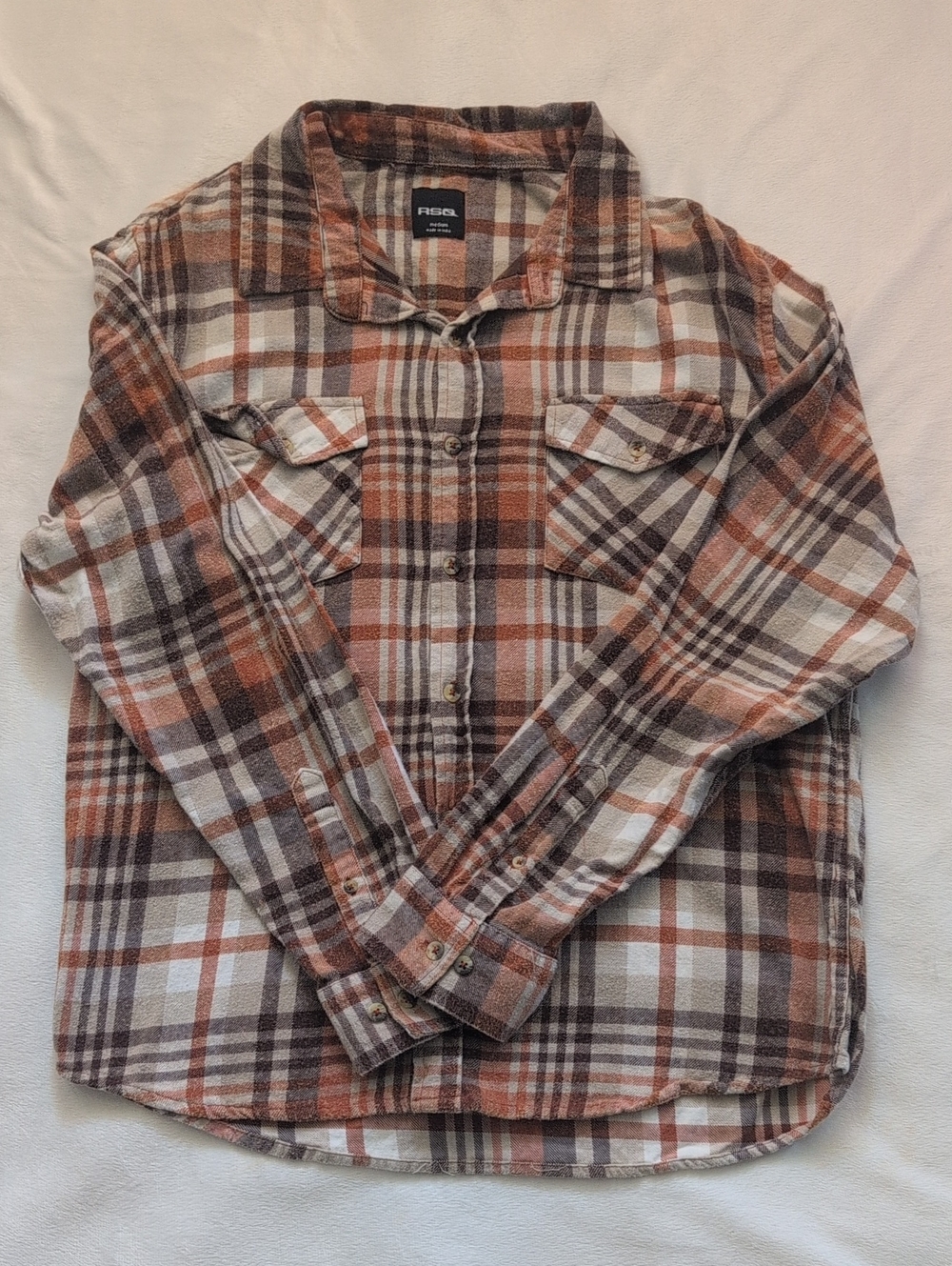 RSQ Men's Plaid Flannel Button Up Shirt Orange Brown Cream